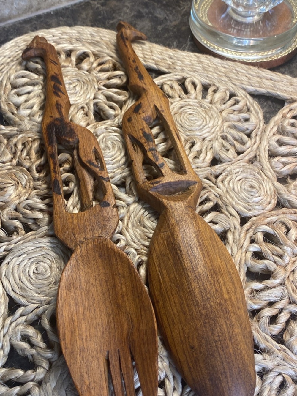 Hand-Carved Wooden Salad Server Set - Brown